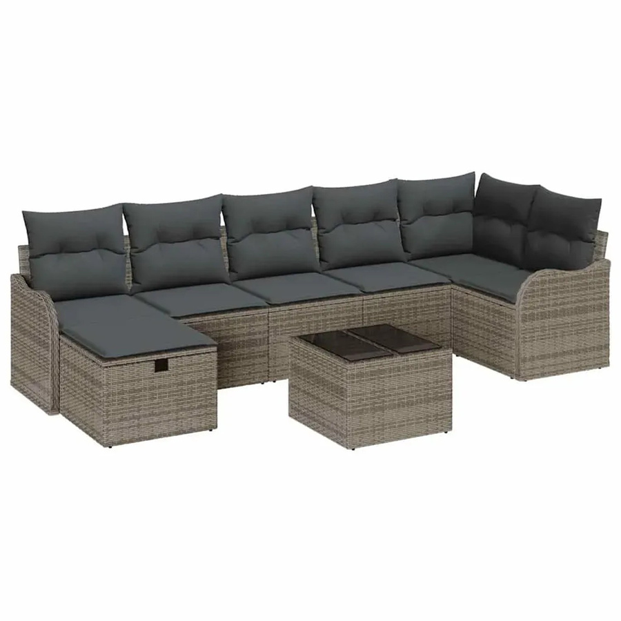 vidaXL Garten-Sofa-Set aus Poly-Rattan in Grau, 8-teiliges Lounge-Set mit Kissen, Ottoman, Couchtisch und integriertem Stauraum - Bild 2