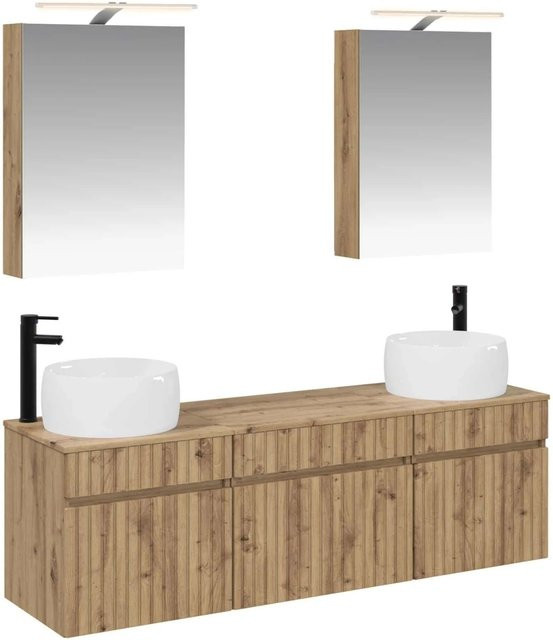 vidaXL Badezimmerschrank-Set 5-teilig in Artisan-Eiche, modern und matt, inklusive Waschtischunterschrank und Spiegelschrank mit LED-Beleuchtung, Braun, B: 50 cm, T: 14,5 cm, H: 70 cm - Bild 1