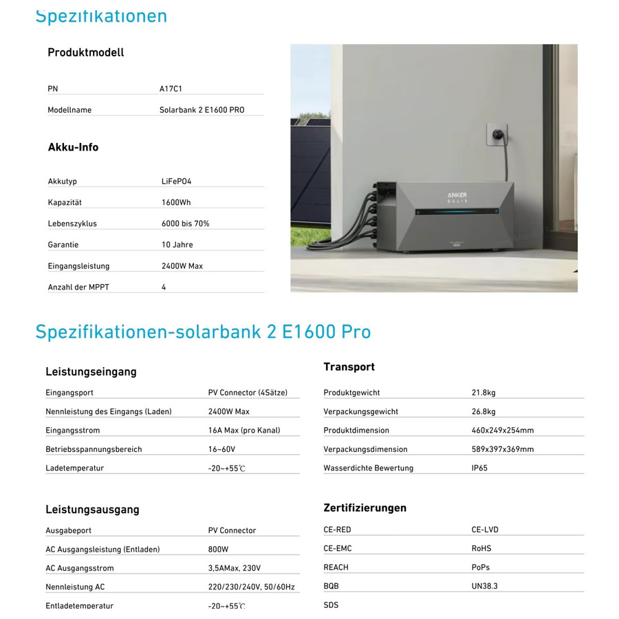 Anker SOLIX Solarbank 2 E1600 PRO Balkon-Powerstation mit 1600Wh Kapazität, 2400W Leistung, 4 MPPT und integriertem Wechselrichter, LiFePO4 Speicher erweiterbar auf 9,6kWh - Bild 6