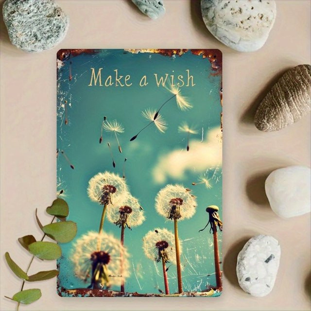 Vintage Löwenzahn Make a Wish Metall-Wandkunstschild von Hello Young, rustikales Eisendekor in Multicolor, B: 20,3 cm, H: 30,5 cm - Bild 1
