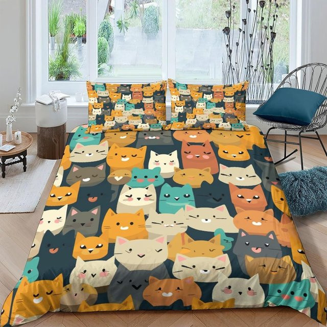 Grosstor Bettwäsche-Set mit Katzen-Motiv aus Mikrofaser, 3-teilig bestehend aus 1 Bettbezug und 2 Kissenbezügen, Mehrfarbig, B/H: 100 x 135 cm - Bild 1