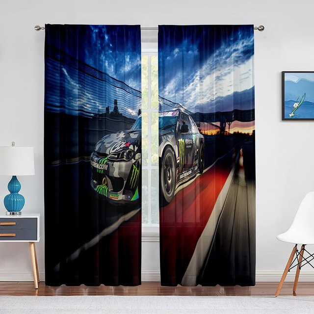 Binchi Outdoor Equipment Transparenter Voile Vorhang mit Rennwagen-Motiv, Tüllvorhang für Wohnzimmer oder Jugendzimmer, Breite: 100 cm, Höhe: 250 cm - Bild 1
