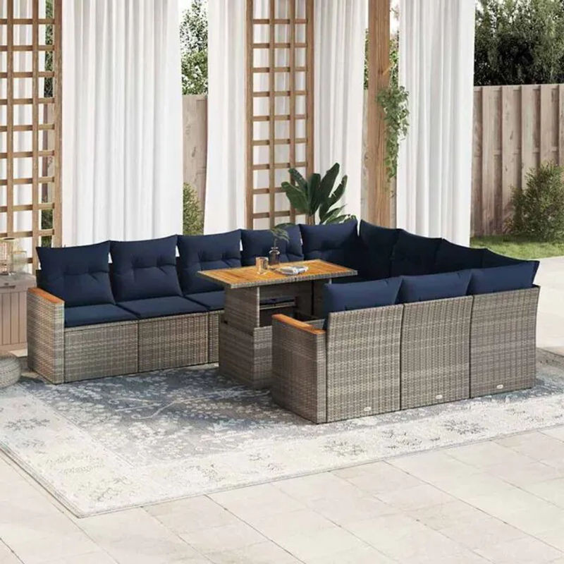 11-teilige moderne Garten-Sofagarnitur aus Poly-Rattan mit Kissen in Grau von vidaxl - Bild 1