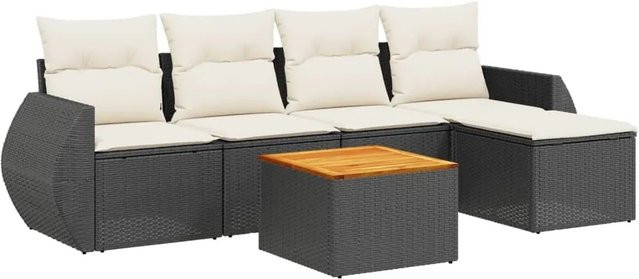 vidaXL 6-teilige Garten-Sofagarnitur in L-Form mit Kissen und Ottoman, Schwarz, Poly-Rattan und Metallrahmen - Bild 1