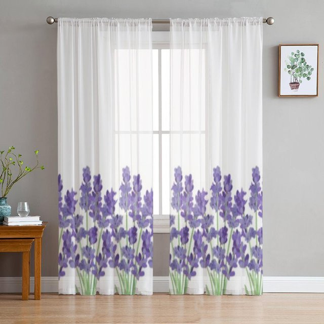 Super Six Lavendel Blumen Chiffon Gardine in Weiß, Transparentes Tüll-Fenstervorhang mit floralem Design, Breite: 135 cm, Höhe: 114 cm - Bild 1