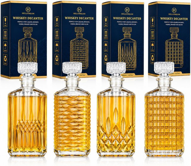 hellodream Whiskey-Dekanter-Set aus Glas mit 4 transparenten Flaschen im geometrischen Design, Füllmenge pro Flasche: 500 ml - Bild 1