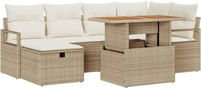 vidaXL 7-teiliges Garten-Sofa-Set aus Poly Rattan in Beige mit Polstern und Couchtisch für Garten, Balkon und Terrasse - Bild 1