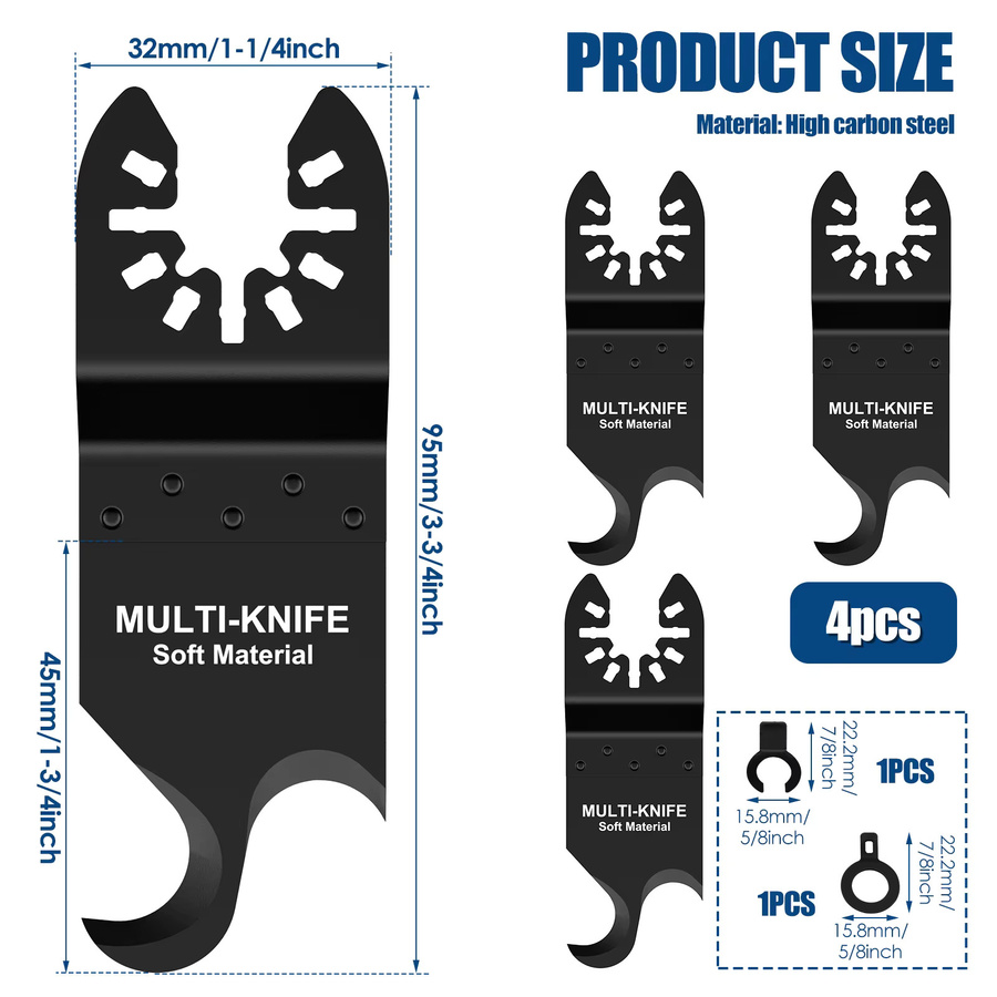 4-teiliges universelles Multi-Tool-Hakenmesser-Set aus Kohlenstoffstahl mit 2 Adapterschneiden für oszillierende Sägen - Bild 6