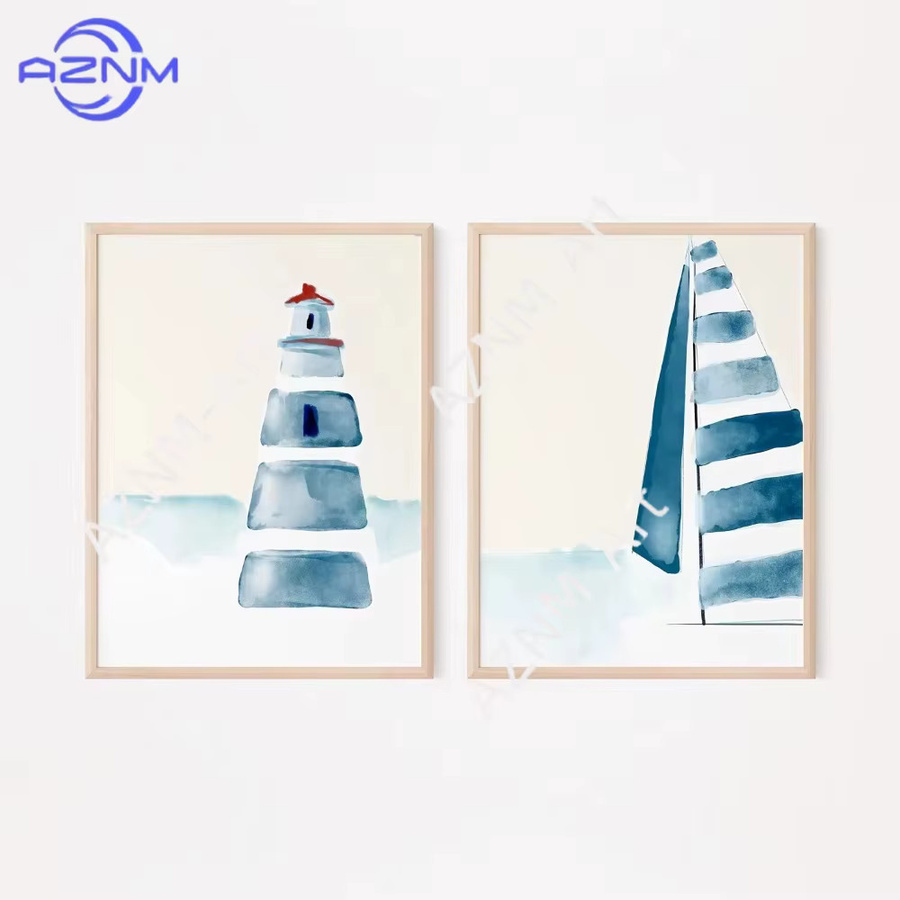 AZNM Leinwandposter im blauen Aquarell-Stil mit Sommer-Strand-Motiv, modernes abstraktes Wanddekor als rechteckiger Kunstdruck - Bild 2