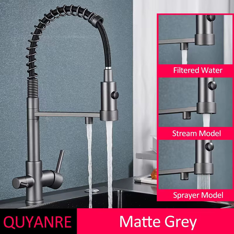 Quyanre Küchenwasserhahn mit Doppelauslauf und Filtermischer in Matt Schwarz - Bild 4