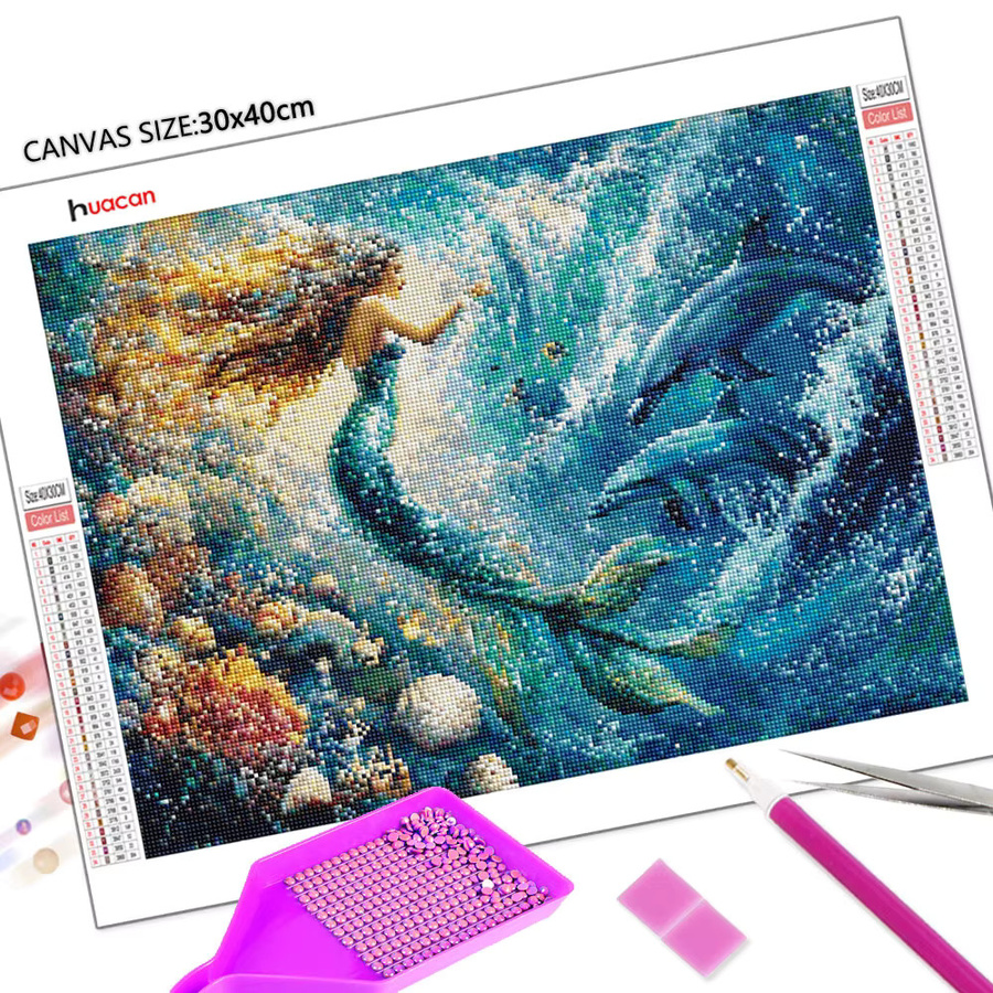 Huacan Diamantgemälde Unterwassertiere mit Meerjungfrau und Delfin, Wanddekoration in Mehrfarbig, B/H: 30 x 20 cm - Bild 2