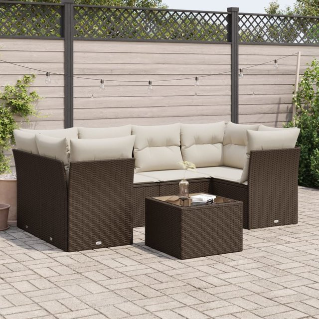 vidaXL 7-teilige Garten-Sitzgruppe aus Polyrattan in Braun mit Kissen und L-Form - Bild 3