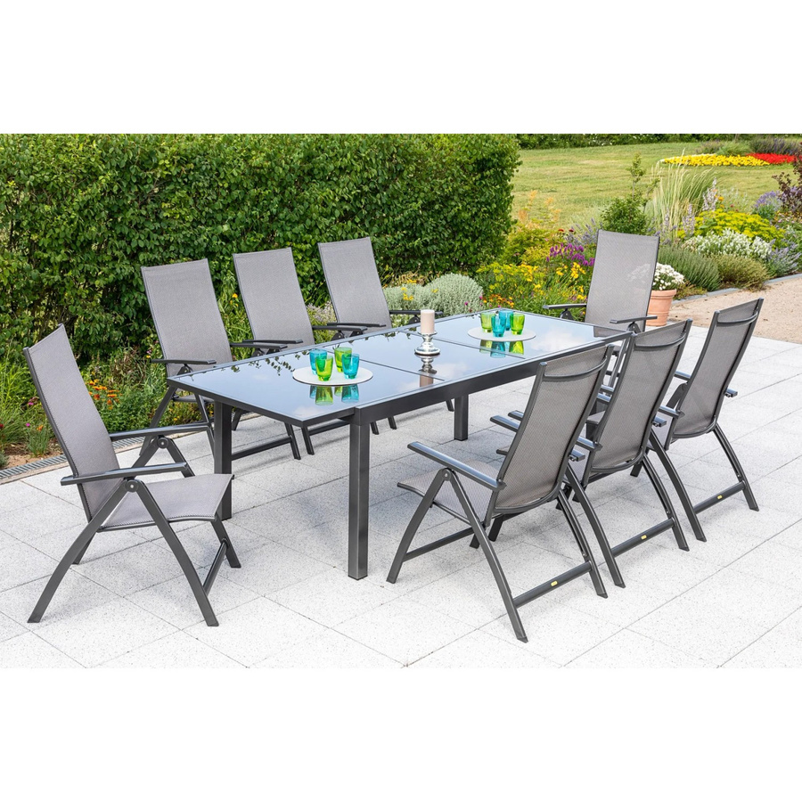 Merxx Vicenza Gartenmöbel Set 9-tlg. mit ausziehbarem Tisch und Klappsesseln in Graphit und Diamantbraun, Tisch B: 180 bis 240 cm x T: 100 cm - Bild 2