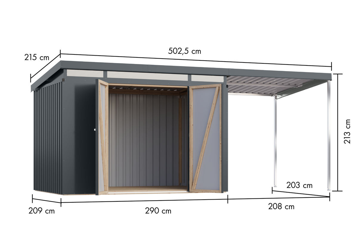KARIBU Gerätehaus Mantis mit Anbaudach in Anthrazit, B/T/H: 497 x 209 x 213 cm - Bild 3
