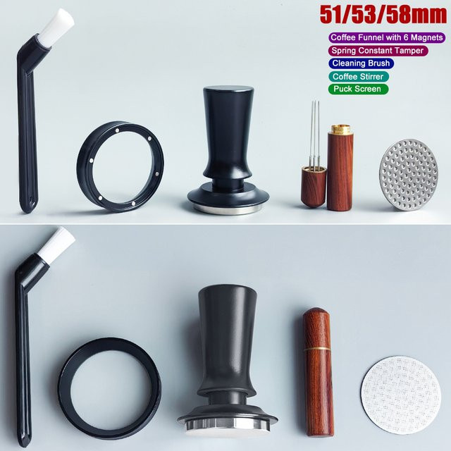 XINGZHAOHOME Espresso-Tamper Set in Schwarz mit WDT-Rührwerkzeug, Puck-Screen, Dosiertrichter und Reinigungsbürste für 51 mm, 53 mm oder 58 mm - Bild 1