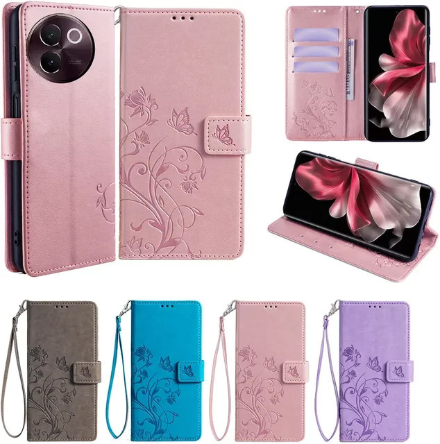Leder-Brieftaschenhülle mit Schmetterlingsmotiven für VIVO V50 Lite V40 V30 V27 V25 V23 Pro SE V29 Lite V30E V29E V27E in Grau - Bild 1