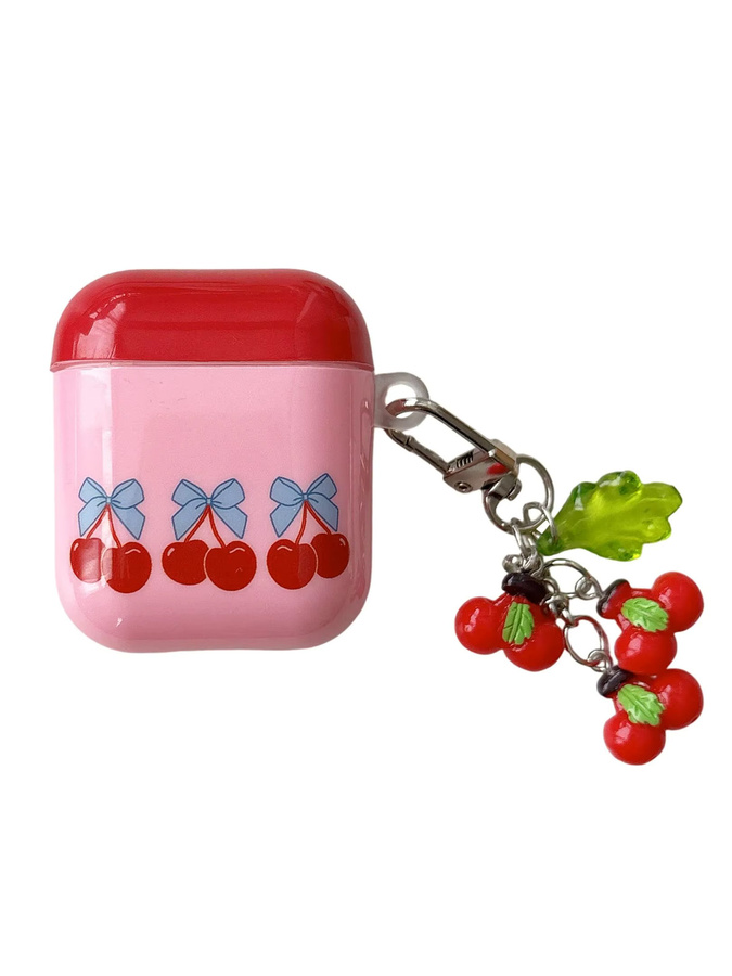 Schutzhülle für Apple AirPods 1 2 3 4 Pro Pro2 Pro3 mit rotem Kirschen- und Schleifenmuster sowie Kirsch-Anhänger in Rot und Pink - Bild 3
