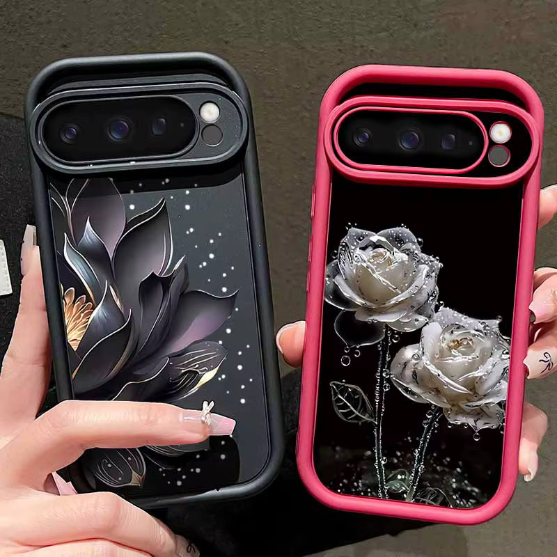 Stoßfeste TPU Schutzhülle mit Rosenblumen-Muster für Google Pixel 10, 9, 8, 7 Pro, 9A, 8A, 7A, XL in Schwarz - Bild 2