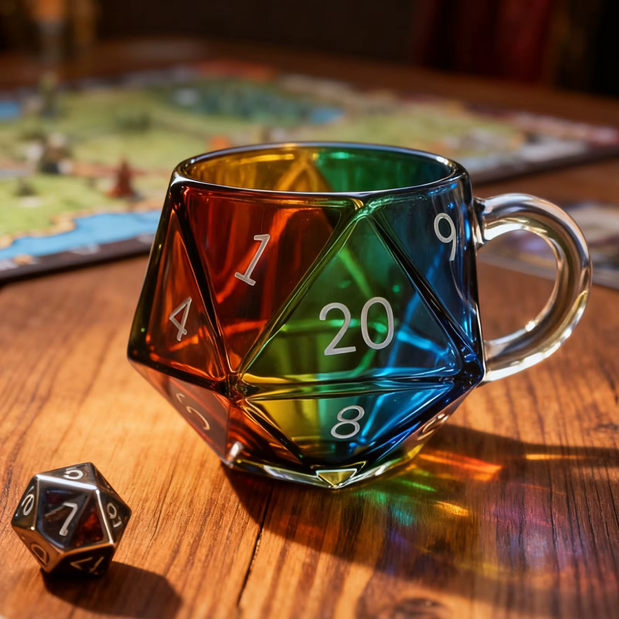 Shunmaii Regenbogen D20 Würfelbecher aus Glas, Transparenter Würfelbecher mit Henkel in Bunt/Mehrfarbig, Fantasy-Spielbecher mit geometrischem Design - Bild 2
