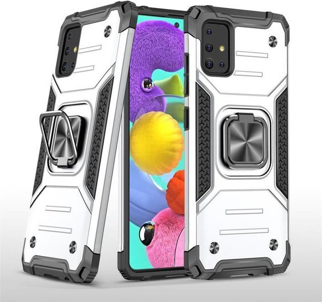 Stoßfeste Samsung Galaxy A51 Schutzhülle mit verstärkter Doppelschicht und Ringständer in Silber - Bild 1