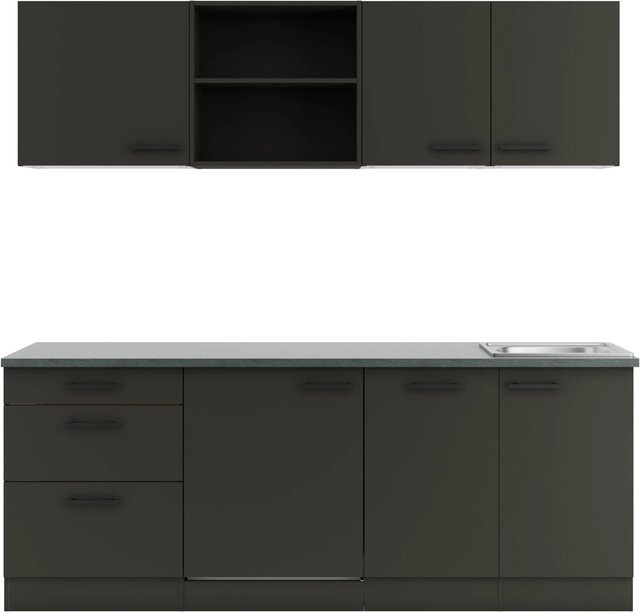 OPTIFIT Madrid420 Küchenzeile in Anthrazit mit modernem Design und melaminbeschichteten Qualitätsspanplatten, Breite: 210 cm - Bild 1