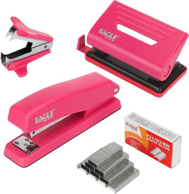 EAGLE 4-in-1 Büro-Schreibwarenset Schreibtisch-Organizer mit Hefter, 2-Loch-Stanzer, Heftklammerentferner und 1000 Heftklammern in Blau oder Pink - Bild 1
