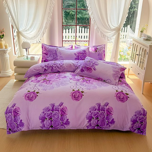 3-teiliges Bettwäsche-Set ZQDL aus Flanell mit floralem Design in Lila, bestehend aus Bettbezug und Kissenbezügen, B/T: 150 x 200 cm - Bild 1