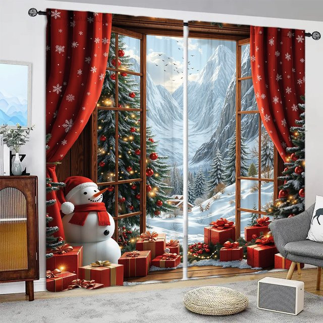 2er-Set Christmas Wonderland Vorhang mit Sternen-Motiv, grau und rot, halbtransparent, B: 52,5 cm, H: 116 cm - Bild 1