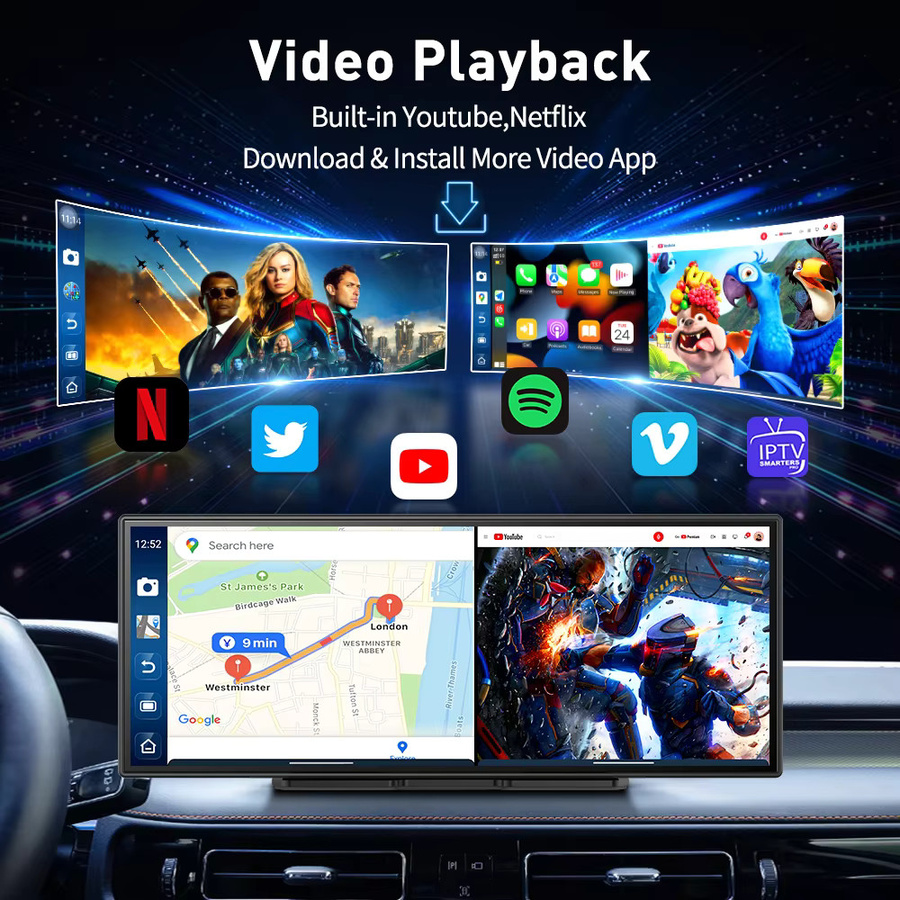 BYUJQ KI-Bildschirm mit 11,4 Zoll Android 14, 8-Kern-Prozessor, 4+64 GB, Dashcam, kabelloses CarPlay & Android Auto, Google Play, GPS-Navigation und Autovideorekorder in Schwarz - Bild 3