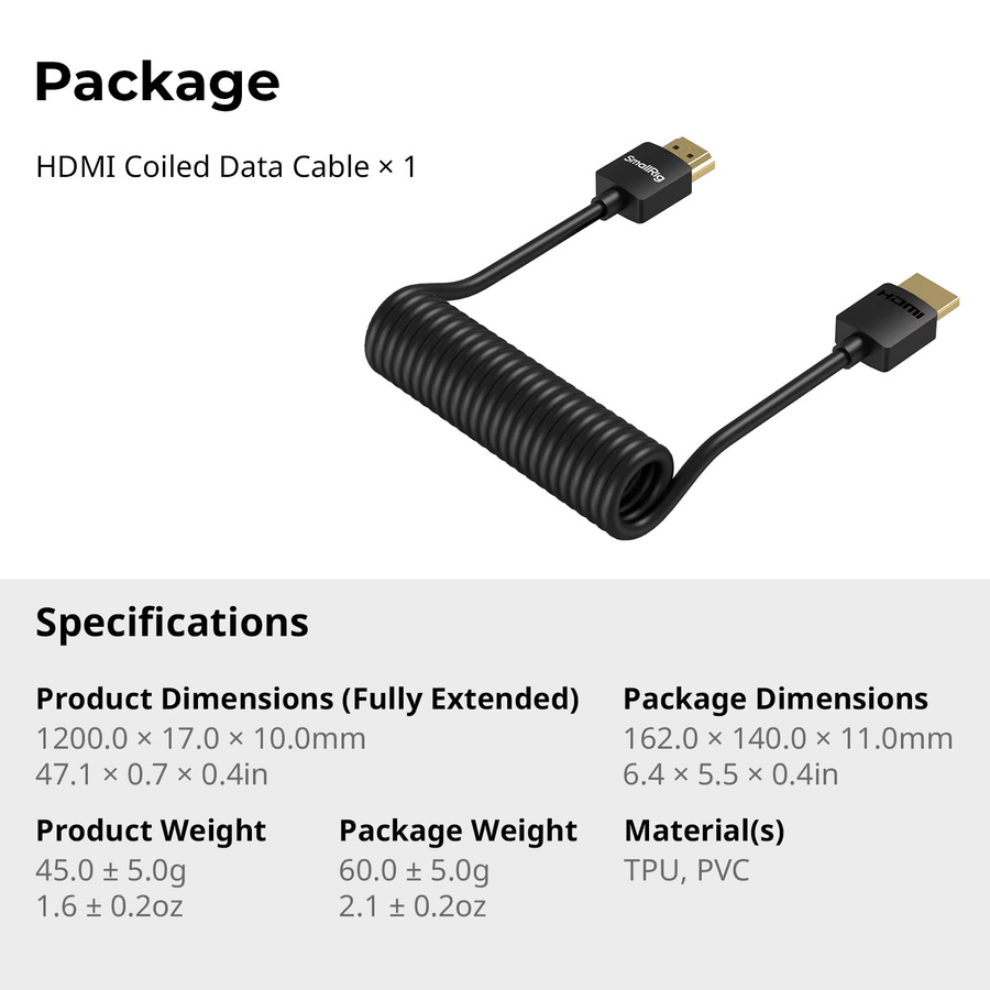 SmallRig HDMI Spiralkabel Typ A auf A in Schwarz, unterstützt bis zu 4K bei 60 Hz, kompatibel mit BMPCC 4K 6K sowie Panasonic S1H, GH5 und GH5S - Bild 5