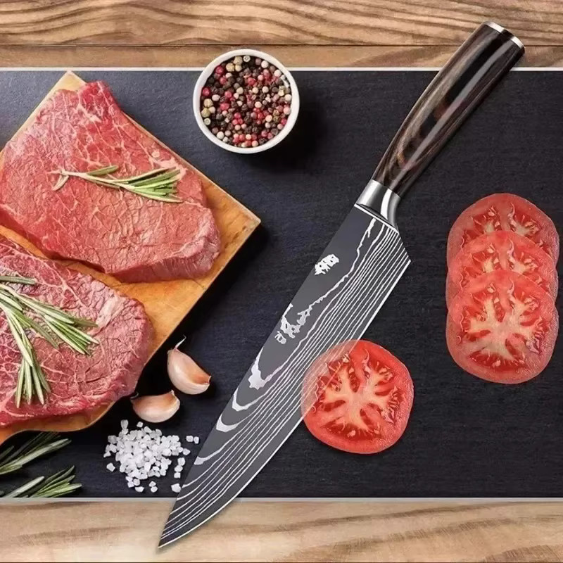 GuanQi Santoku Küchenmesser aus Damaststahl und Carbonstahl mit Holzgriff - Bild 2