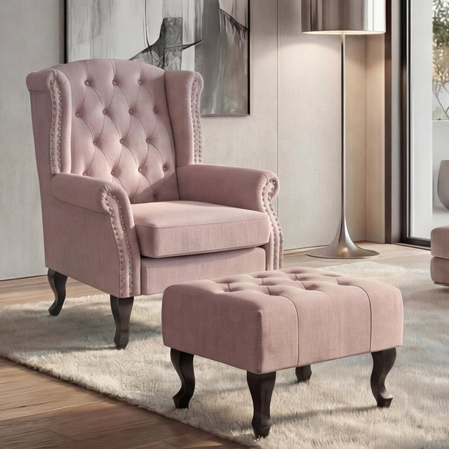Chesterfield Oxford Ohrensessel mit Ottomane von MCW in Hellrosa mit Rautenmuster aus wasserabweisendem Textilstoff - Bild 1