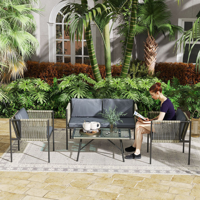 Outsunny Gartenmöbel Set Polyrattan Lounge-Set mit 2er Sofa Sessel und Glastisch in Grau für 4 Personen - Bild 2