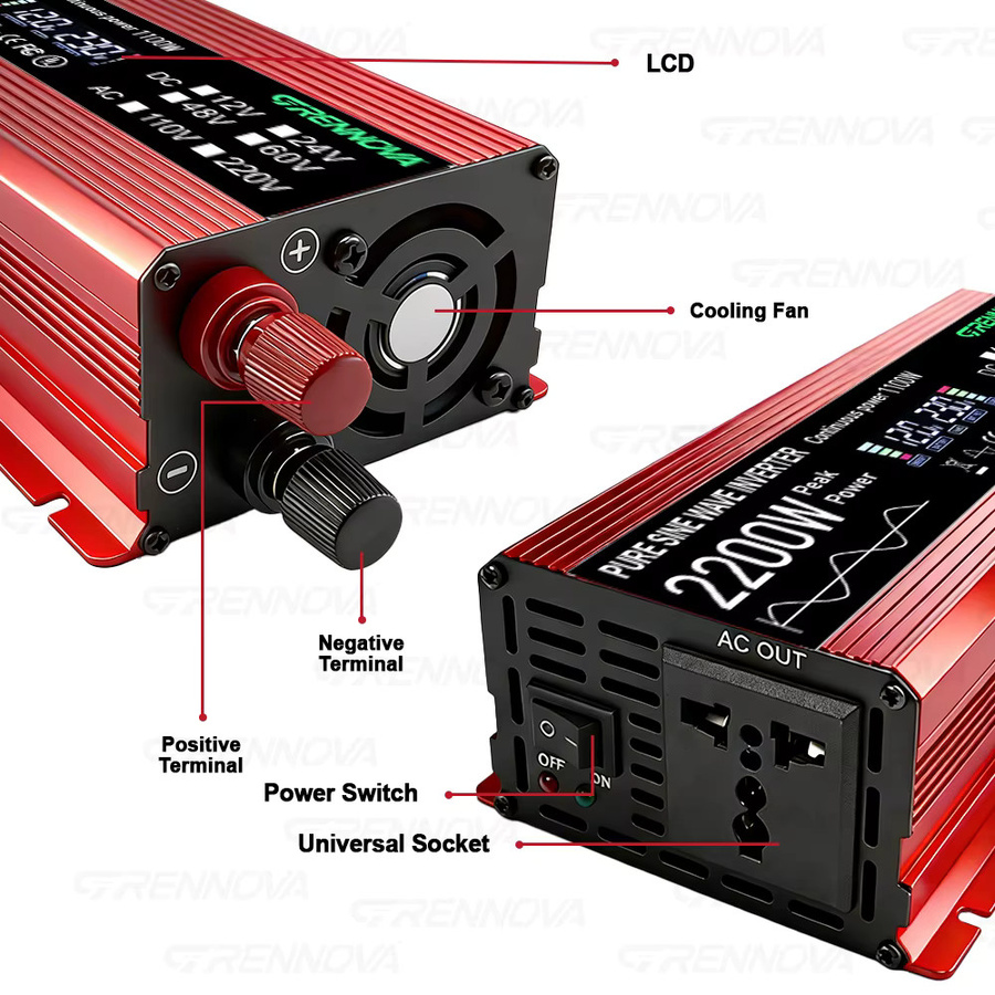 GRENNOVA Reiner Sinus-Wechselrichter 2200W DC 12V 24V 48V zu AC 110V 220V mit 1100W Nennleistung in Rot für Haus, Wohnmobil, LKW und Solarsystem - Bild 5