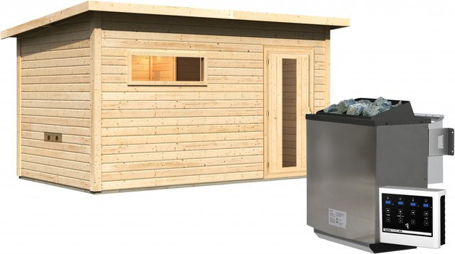 Karibu Saunahaus HYTTI 6 aus Fichte und Espe, naturbelassen, B/T/H: 396 x 231 x 210 cm, inklusive 9.0 kW BioKombiofen mit Steuergerät - Bild 1