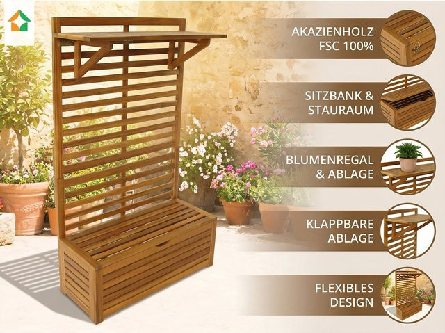 Prestige Home Living Blumenregal mit Aufbewahrung und Sitzbank aus Akazienholz in Braun, B/T/H: 70 x 32 x 117 cm - Bild 1