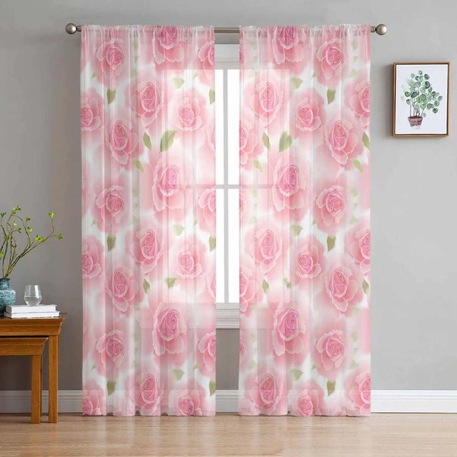 Yiran Furniture Transparentes Tüll-Vorhang mit Blumen- und Schmetterlingsmuster in Pink, Breite: 135 cm, Höhe: 115 cm - Bild 1