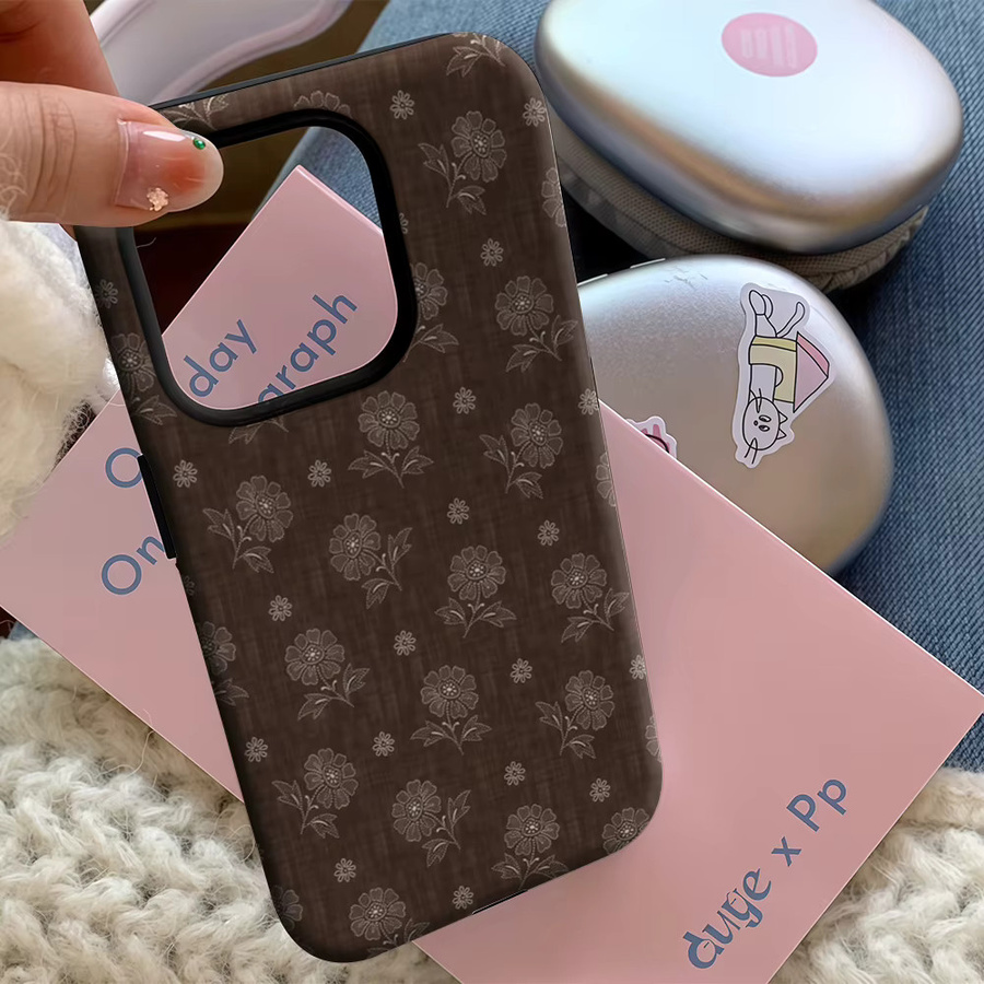 Handyhülle mit brauner Blumenstickerei für Apple iPhone 11 bis iPhone 17 Pro Max Plus mit doppelschichtiger Rückseite - Bild 5