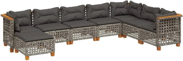 vidaXL 8-tlg Garten-Sofagarnitur aus Poly Rattan in Grau mit Kissen und Akazienholz - Bild 1