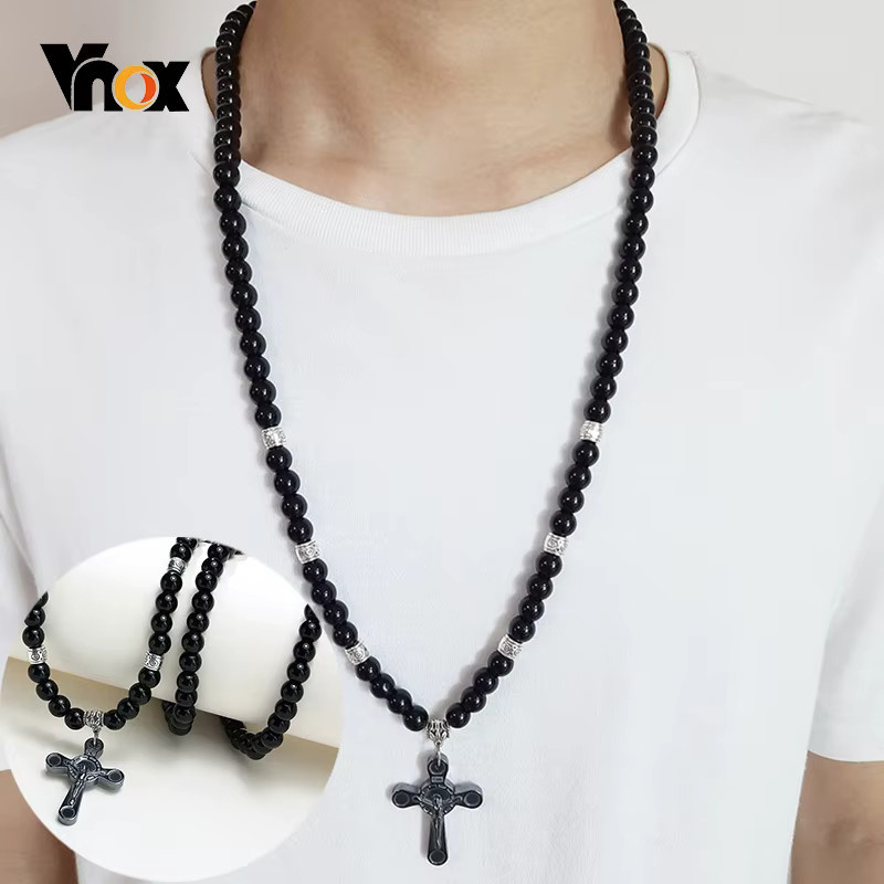 Vnox Halskette, schwarzer Karneol-Stein, Kreuz, Herren - Bild 2