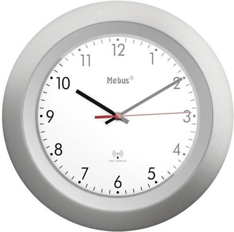 Mebus 19448 Funk Wanduhr Analog in Silber und Weiß, rund aus Metall - Bild 1