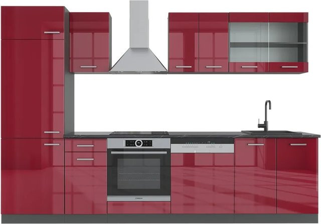 Vicco R-Line Küchenzeile modern in Bordeaux Hochglanz und Anthrazit, Breite: 300 cm - Bild 1