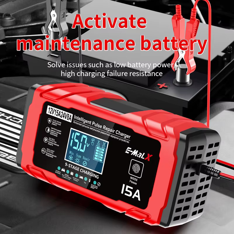 WAPUNO Intelligentes Autobatterie-Ladegerät 12V 24V 15A 8A Schnellladegerät mit Pulsreparatur für AGM GEL WET Blei-Säure Batterien in Rot - Bild 3