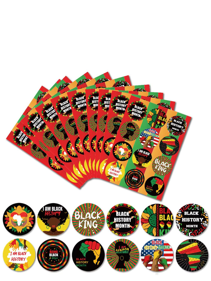 10 Stück selbstklebende Aufkleber mit Black History Month Motiv in Schwarz und Multicolour, runde Papieraufkleber mit abstrakten Mustern und Buchstaben zur Dekoration - Bild 7