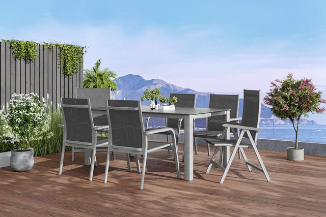 Kettler Cubic/Basic Plus Garten-Essgruppe aus Aluminium und Textilene in Silber/Anthrazit mit rechteckigem Tisch und 6 Stühlen - Bild 1