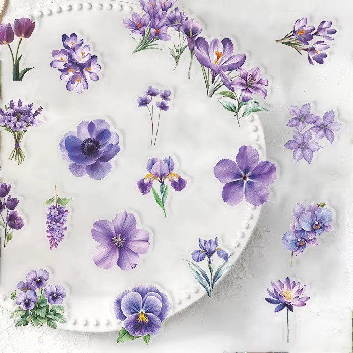 50 Stück transparente lila Blumenaufkleber aus wasserfestem PET von Anime Worlds Store für Gitarre und Tagebücher - Bild 2