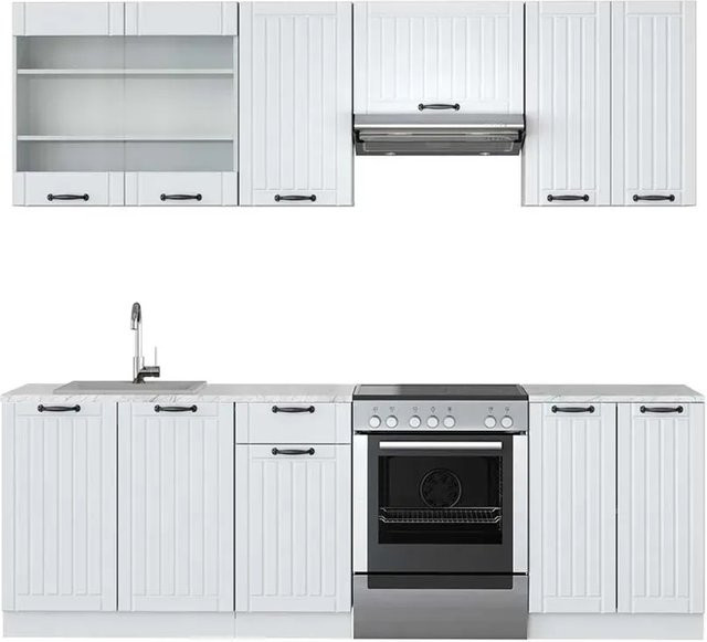 Vicco Fame-Line Küchenzeile in Weiß im Landhausstil mit Marmor-Optik, Breite: 240 cm - Bild 1