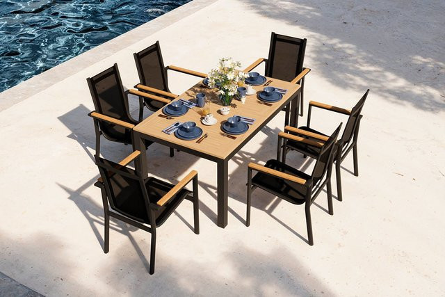 OUTFLEXX Garten-Essgruppe aus Aluminium, Teakholz und Textilene in Anthrazit Matt mit ausziehbarem Tisch und 6 Stapelsesseln - Bild 1