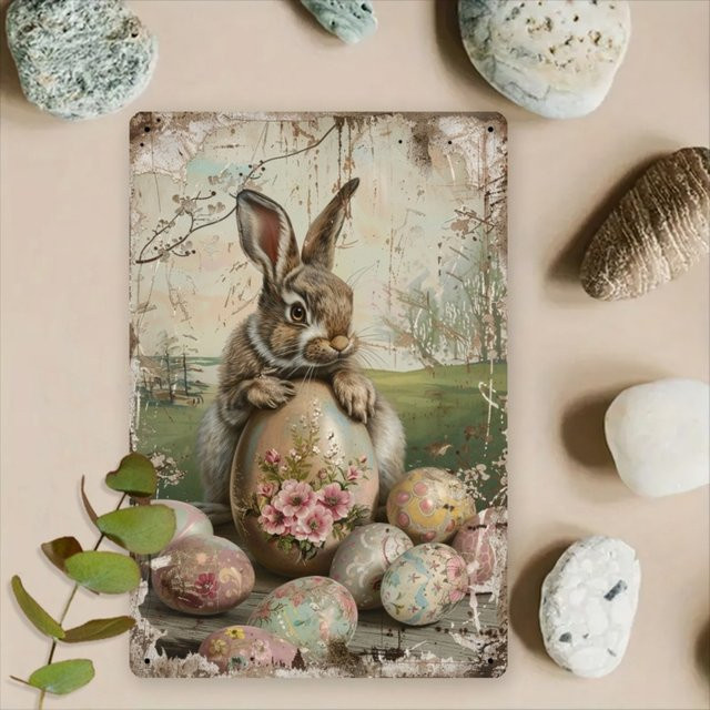 CIFBUY Vintage Osterhasen Metallblechschild mit floraler Illustration, Mehrfarbig, B: 20,3 cm, H: 30,5 cm - Bild 1