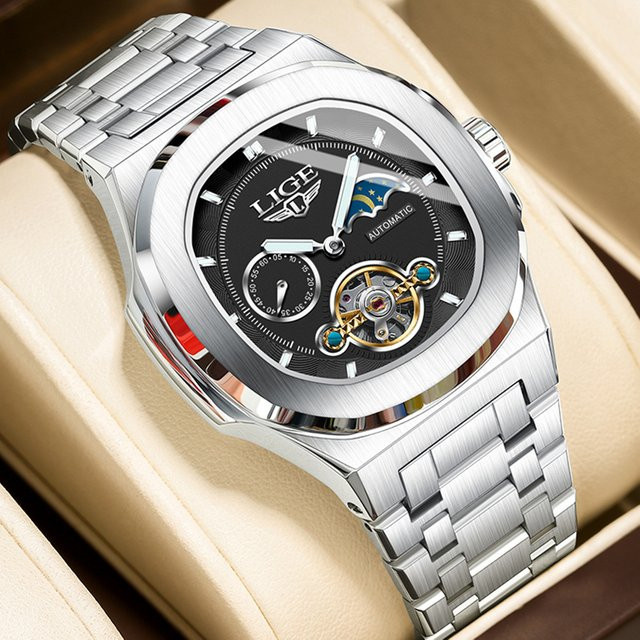 LIGE Armbanduhr Automatik, Edelstahl, eckig, blau, Herren - Bild 1